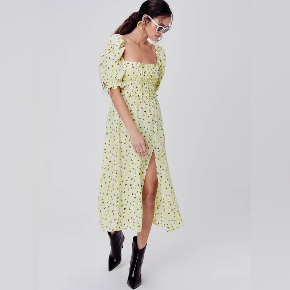 For Love And Lemons Yellow Floral Midi Dress